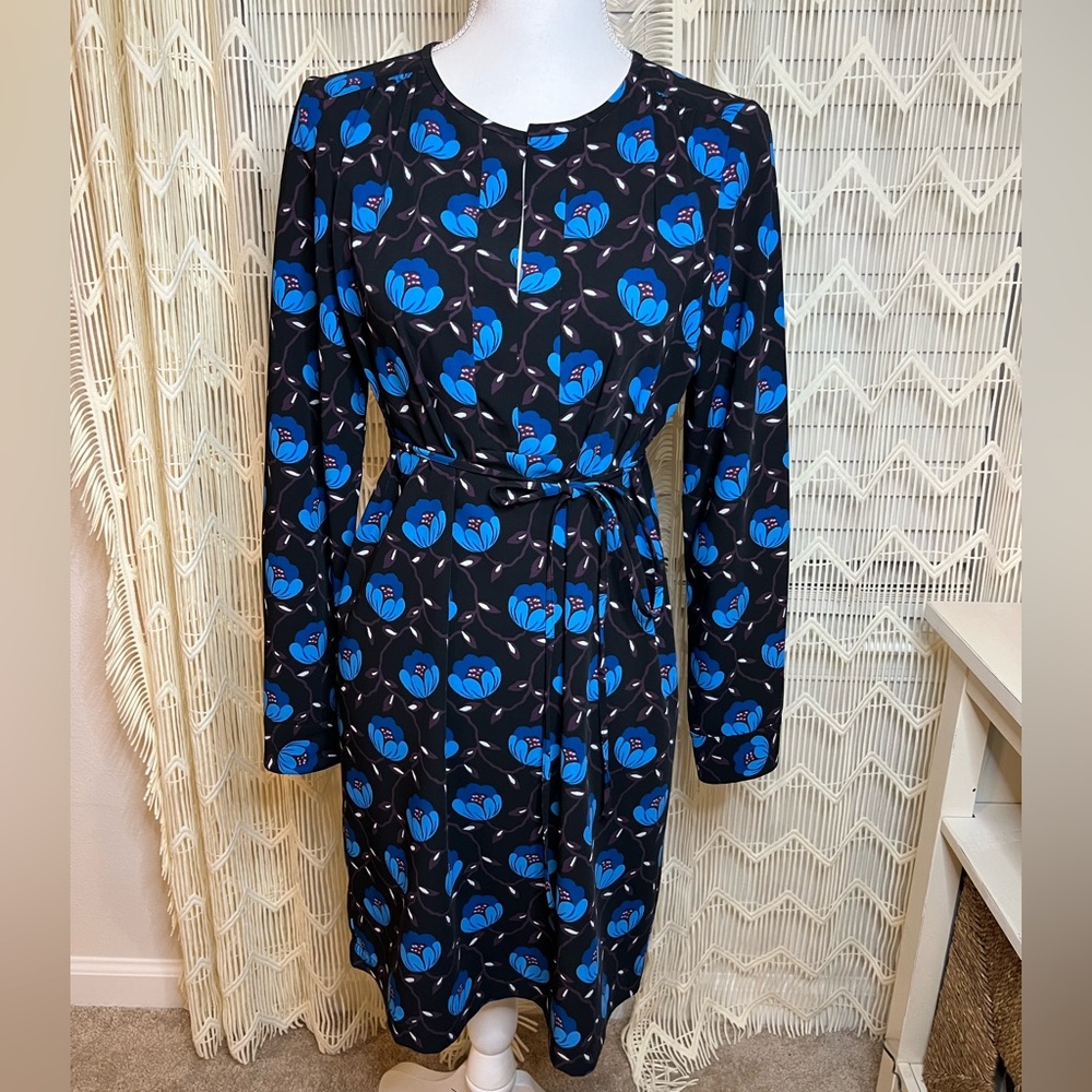 LOFT Floral Long Sleeve Split Neck Shirt Dress Sash Waist Small Navy Blue Purple